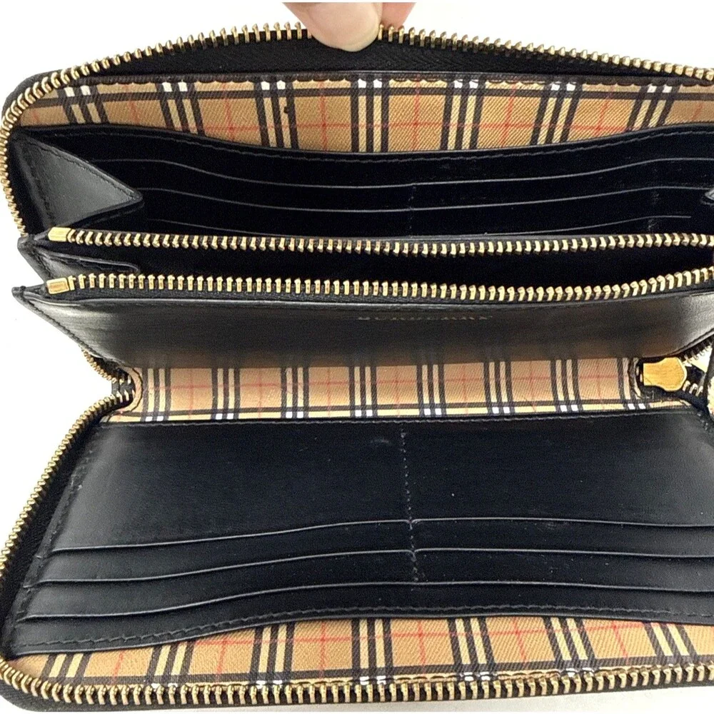 VTG Burberry Zip Around Wallet Clutch Black Leather House Check Canvas Preppy